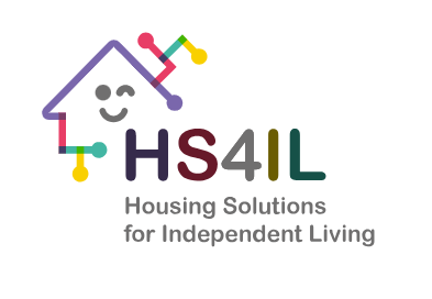 O logotipo do projeto mostra um conjunto de traços coloridos em forma de casa e a frase em inglês Housing Solutions for Independent Living
